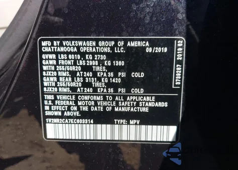 2019 Volkswagen Atlas 3.6L V6 Sel Premium z USA, uszkodzony, nr VIN 1V2NR2CA7KC603314